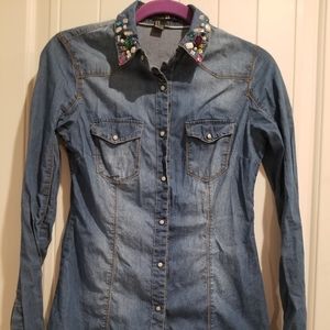 Forever 21 Denim Shirts w/Rhinestone Collar